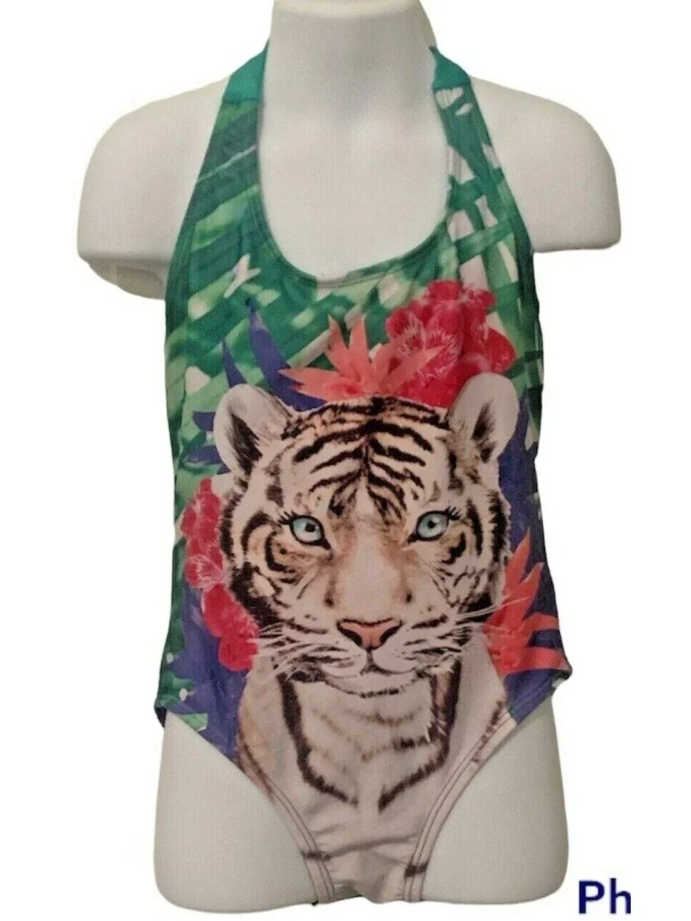 Gymboree Girls One Piece Halter Swimsuit Size S 5-6 Floral Kitten Face